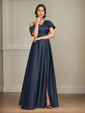 A Line Asymmetrical Floor-Length Satin Mother of the Bride Dress With Pleated