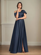 A Line Asymmetrical Floor-Length Satin Mother of the Bride Dress With Pleated