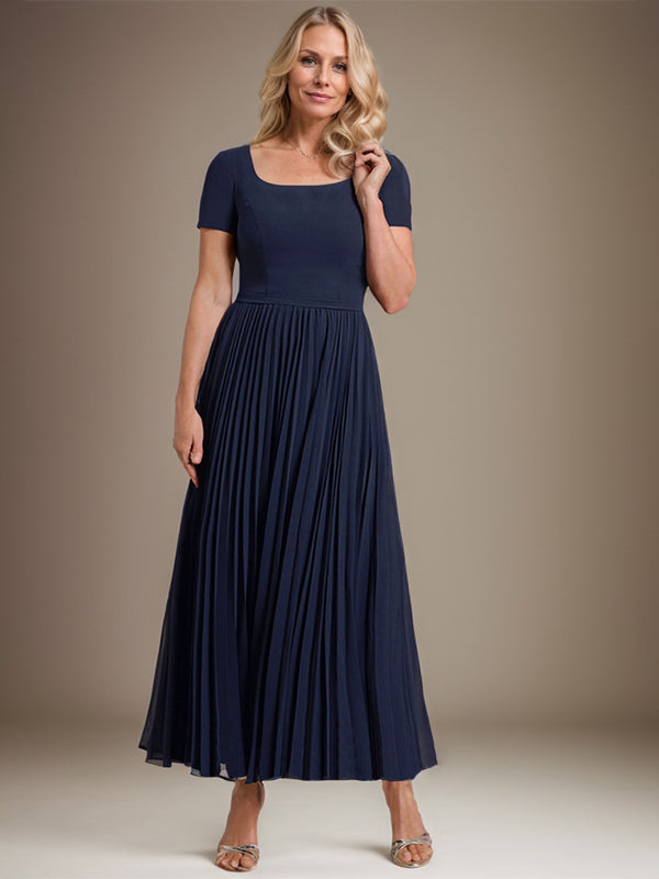 Abito da madre della sposa a linea A, scollo quadrato, lunghezza alla caviglia in chiffon con pieghe
