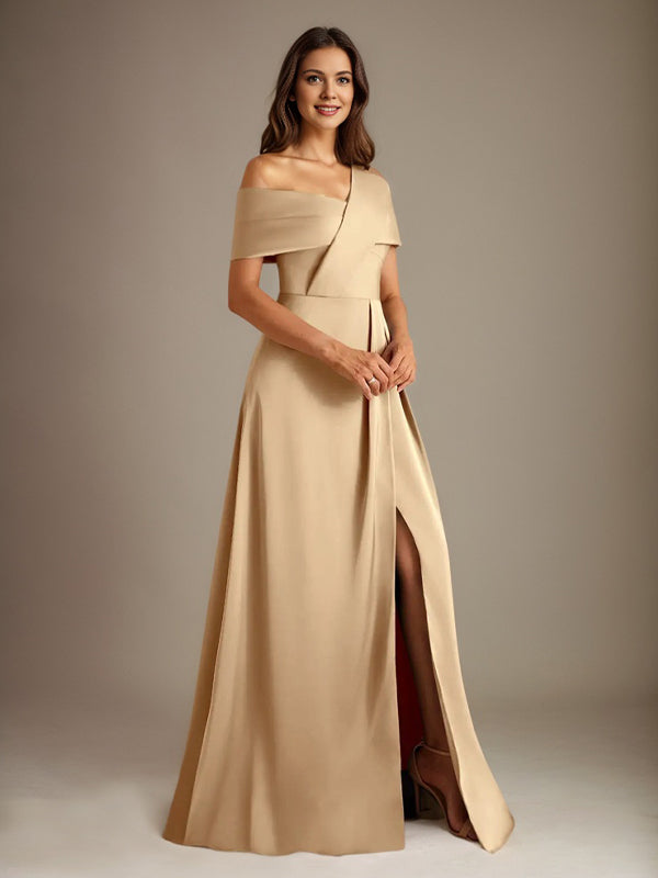 A-Linien asymmetrischer Ausschnitt bodenlanges Satin-Brautkleid für die Brautmutter mit Falten