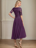 A-Linien V-Ausschnitt Tea-Length Spitzen-Chiffon Kleid für die Mutter der Braut mit Pailletten