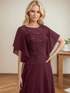 Vestido de mãe da noiva em chiffon e renda com ilusão decote redondo, em linha A, comprimento até o chão com lantejoulas