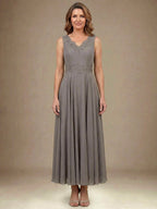 Vestido de madre de la novia línea A con escote en V, largo hasta el tobillo, gasa, lentejuelas, apliques, encaje y abalorios