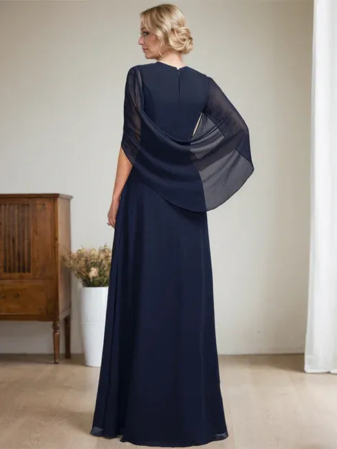 Dunkelmarineblaues A-Linien V-Ausschnitt langes Kleid für die Mutter der Braut