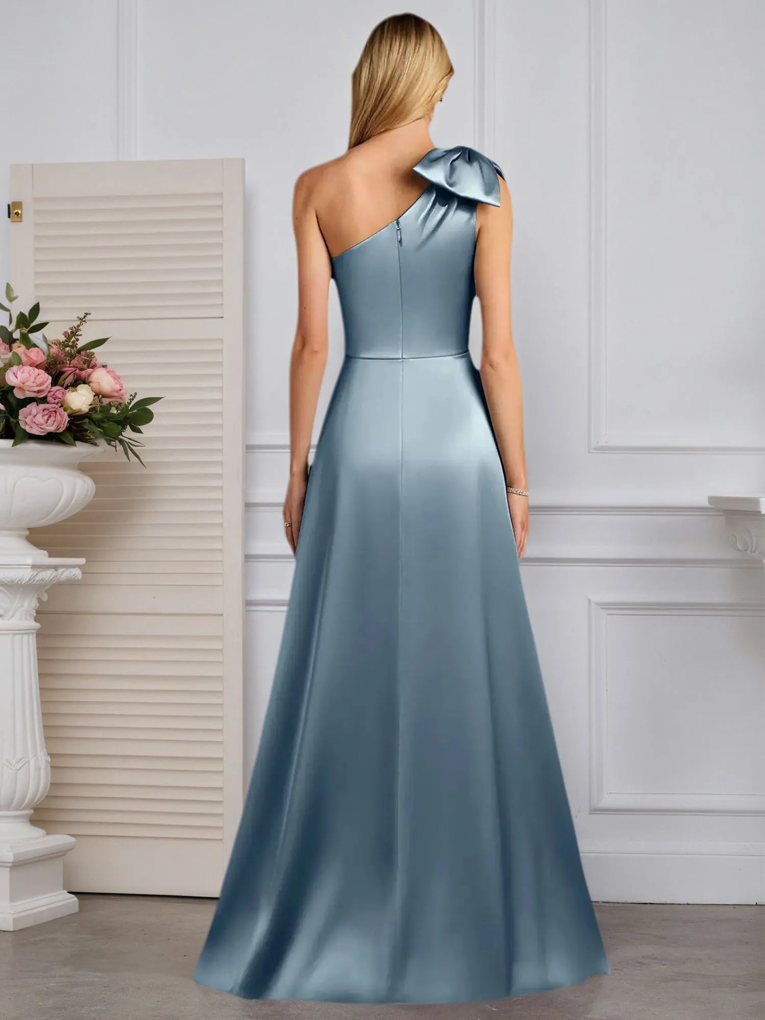 Vestido de madre de la novia línea A con un solo hombro, satinado elástico y lazo
