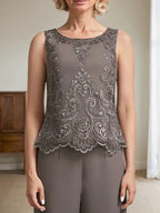 Conjunto de mono/pantalón separado de madre de la novia con encaje de gasa hasta el suelo, escote redondo y adornos de cuentas y lentejuelas