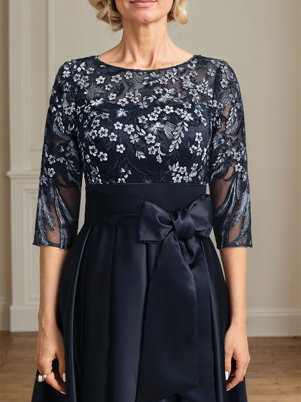 A-Linien-Kleid mit Rundhalsausschnitt, Illusionseffekt, asymmetrischem Satin-Spitzenstoff und Schleife für die Brautmutter
