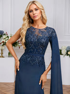 A-line Scoop Neck Floor-Length Chiffon Evening Dress With Sequins Appliques