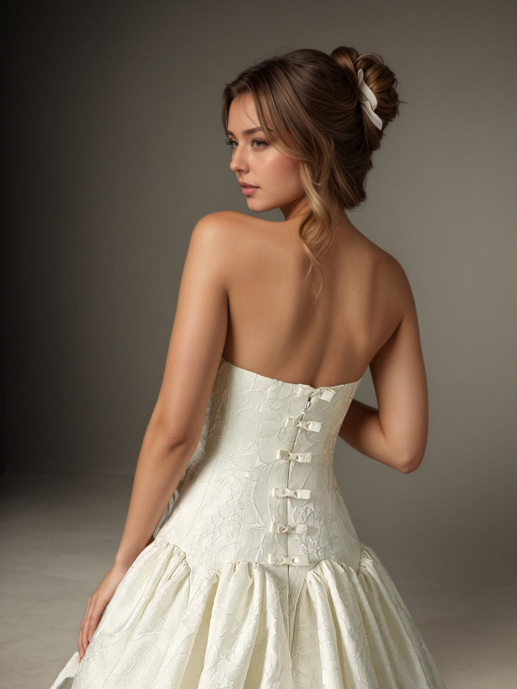 Abito da sposa a gonna ampia bianco senza spalline in jacquard floreale