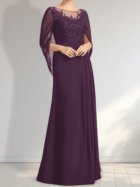 Vestido longo para mãe da noiva em linha A com decote redondo, ilusão, renda e chiffon com paetês plissados
