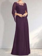 Vestido longo para mãe da noiva em linha A com decote redondo, ilusão, renda e chiffon com paetês plissados