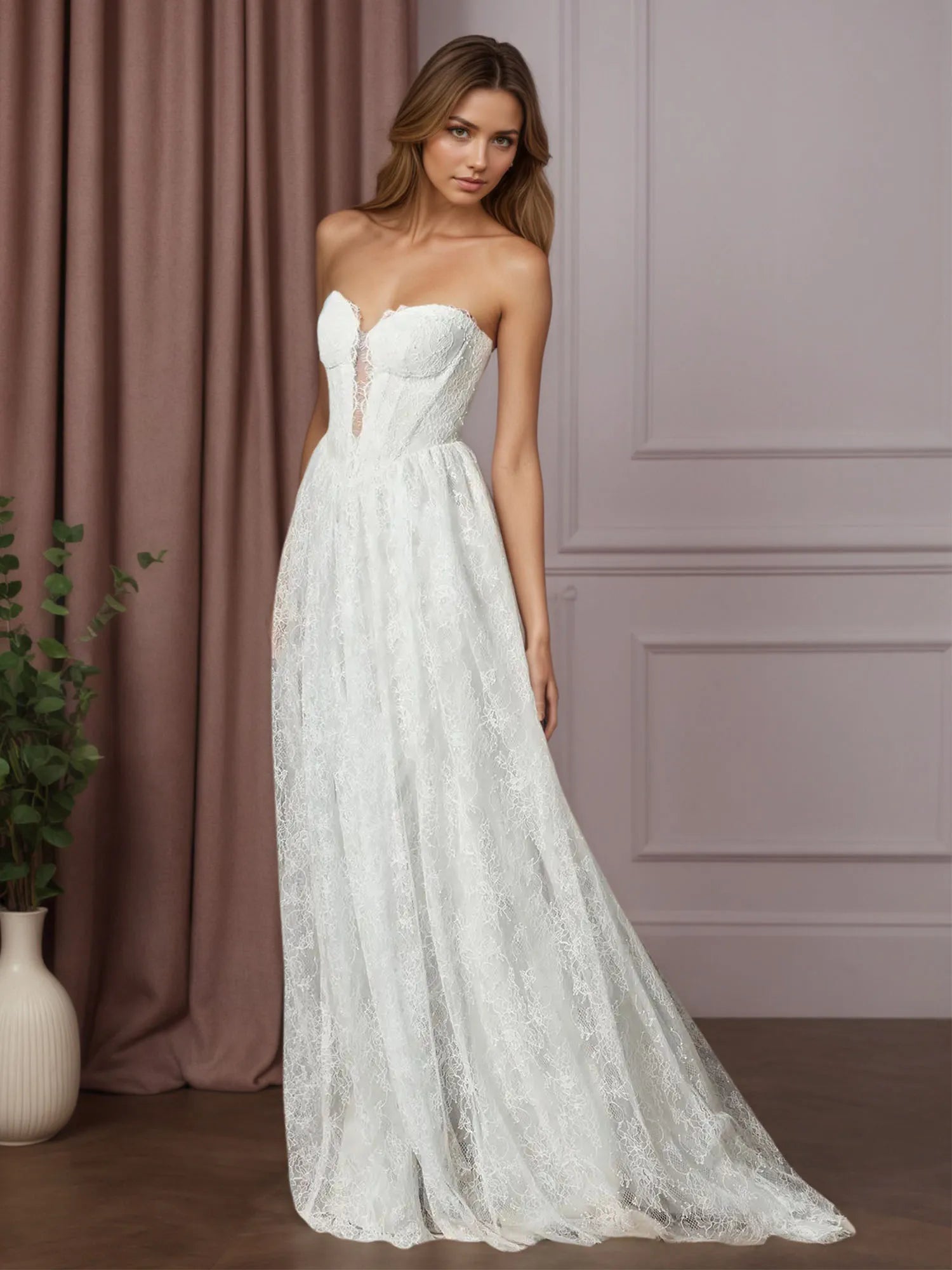 Abito da sposa bianco a linea A con scollo a cuore, senza maniche e pizzo