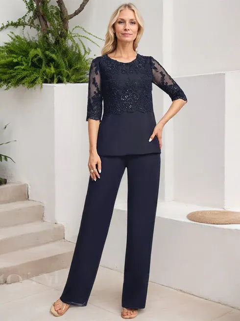 Conjunto de mono/pantalón con escote redondo, largo hasta el suelo, de gasa y encaje para madre de la novia con lentejuelas