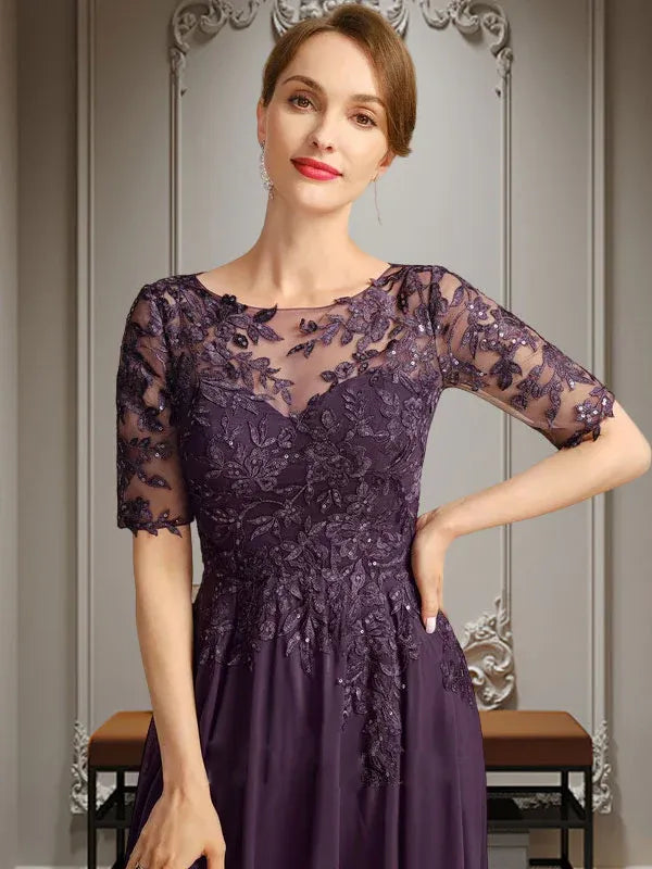 A-Linien Scoop-Ausschnitt Illusion asymmetrisches Chiffon-Spitzen-Mutter-der-Braut-Kleid mit Pailletten