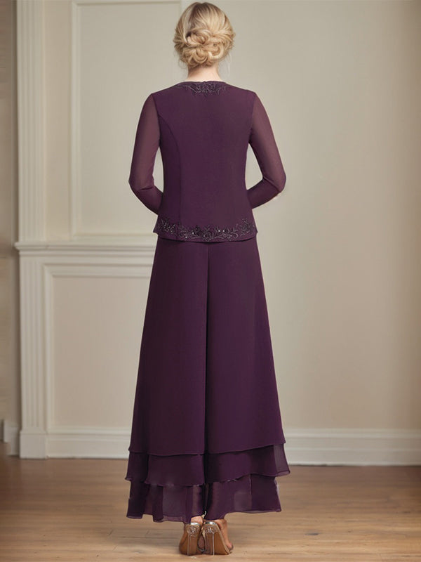 Conjunto separado mono/pantalón de encaje y gasa hasta el tobillo para madre de la novia con lentejuelas