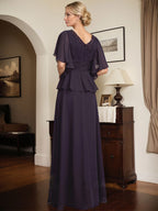 Robe mère de la mariée ligne A en chiffon longue au sol avec décolleté en V et perles plissées