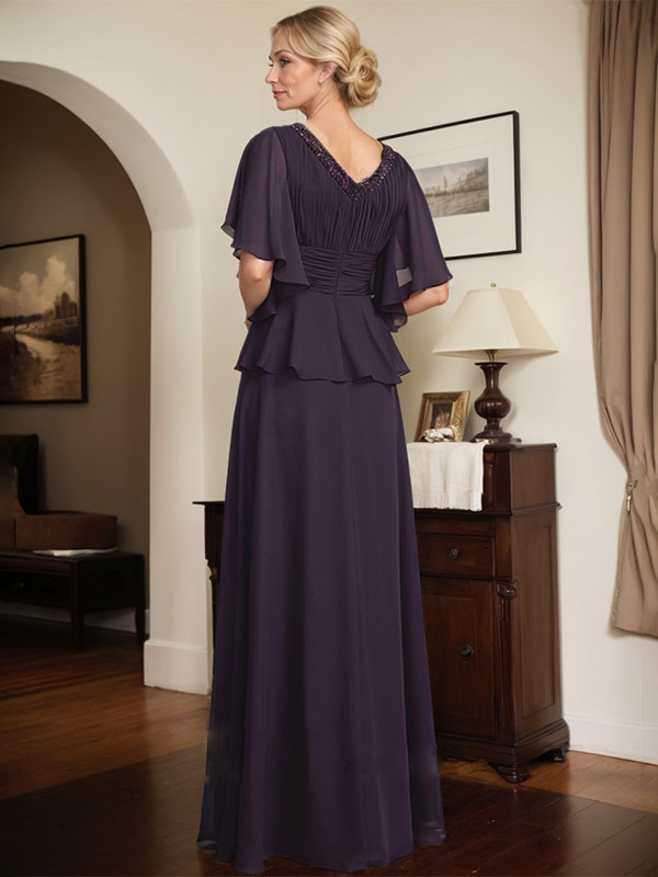 Robe mère de la mariée ligne A en chiffon longue au sol avec décolleté en V et perles plissées