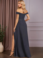 A-line Off the Shoulder Floor-Length Lace Chiffon Evening Dress With Sequins