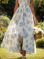 Robe maxi ligne A bleu clair en chiffon à fleurs col en V sans manches