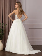 Abito bianco a linea A con scollo a V, paillettes e tulle senza maniche