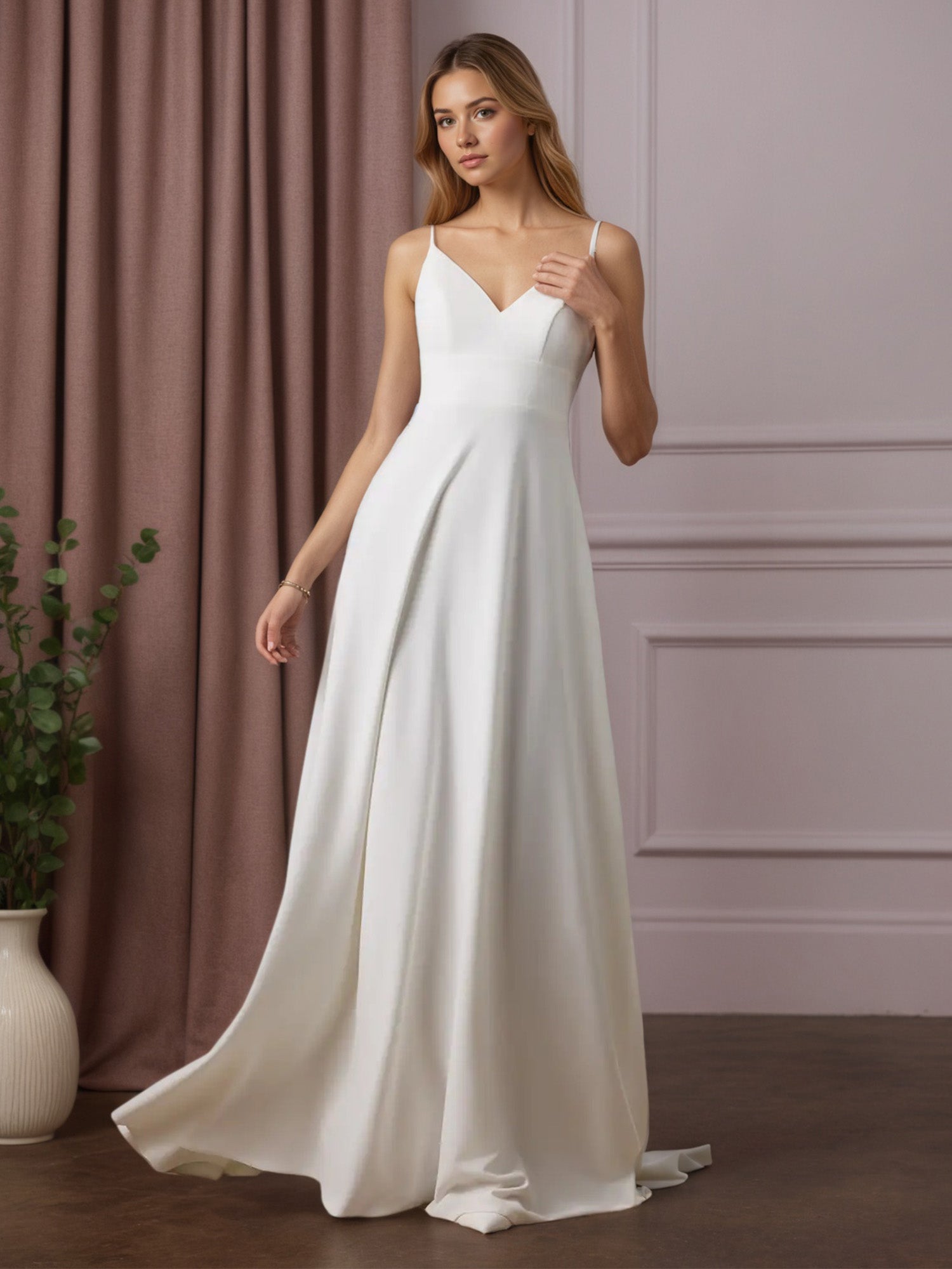 Robe de mariée blanche en crêpe stretch à sequins, coupe trapèze, col en V