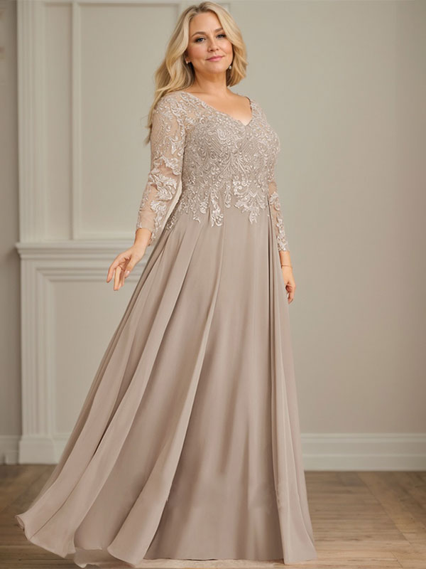 Vestido para madre de la novia línea A con escote en V, largo hasta el suelo, de encaje y gasa con lentejuelas