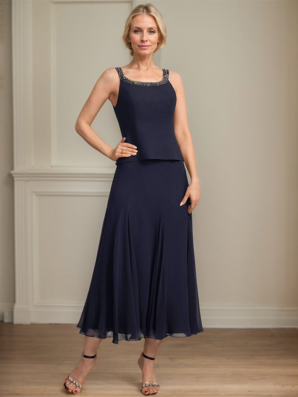 Vestido de mãe da noiva separado evasê, comprimento chá, de chiffon com decote redondo, paetês e bordados
