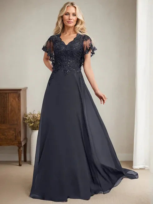 A-Linien V-Ausschnitt Bodenlanges Spitzen-Chiffon Kleid für die Brautmutter mit Pailletten