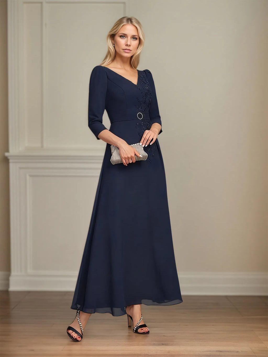 A-Linien Spitzen-Chiffon-Mutter-der-Braut-Kleid mit V-Ausschnitt, knöchellang und plissierten Pailletten