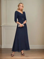 A-Linien Spitzen-Chiffon-Mutter-der-Braut-Kleid mit V-Ausschnitt, knöchellang und plissierten Pailletten