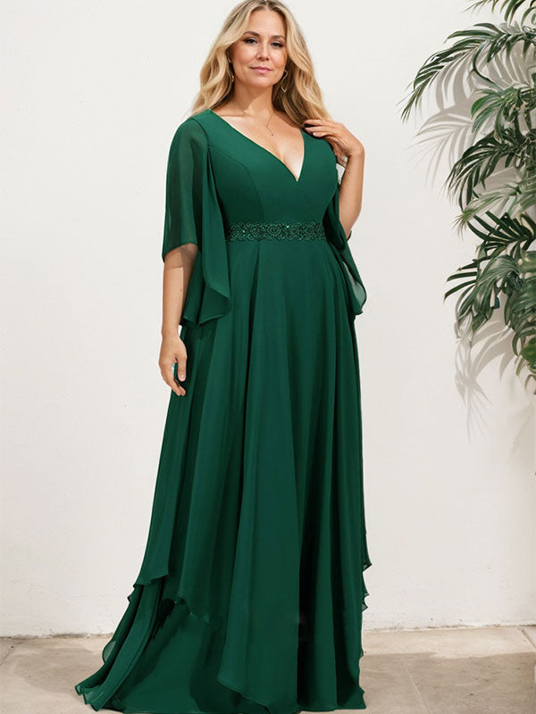 Vestido de madre de la novia línea A con escote en V, largo hasta el suelo, de gasa con apliques de lentejuelas y cuentas de encaje