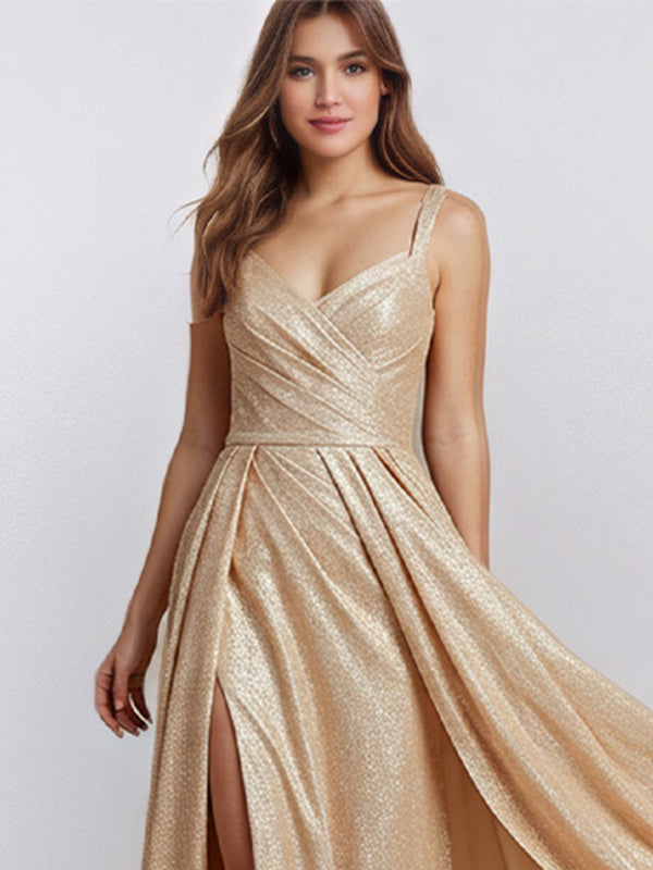 Vestido formal longo champanhe em linha A com decote em V e fenda