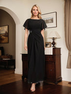 A-line Scoop Ankle-Length Chiffon Mother of the Bride Dress With Beading Pleated