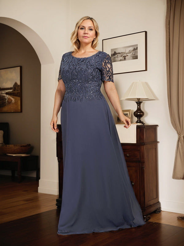 Vestido de encaje y gasa para madre de la novia, línea A, escote redondo, largo hasta el suelo con lentejuelas