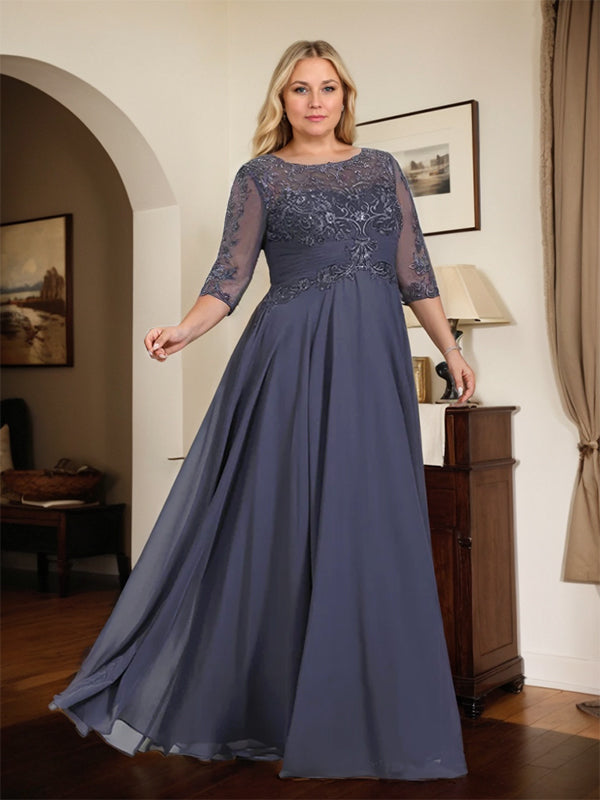 A-Linien Ausschnitt Illusions-Bodenlanges Chiffon-Spitzenkleid für die Mutter der Braut mit plissierten Pailletten