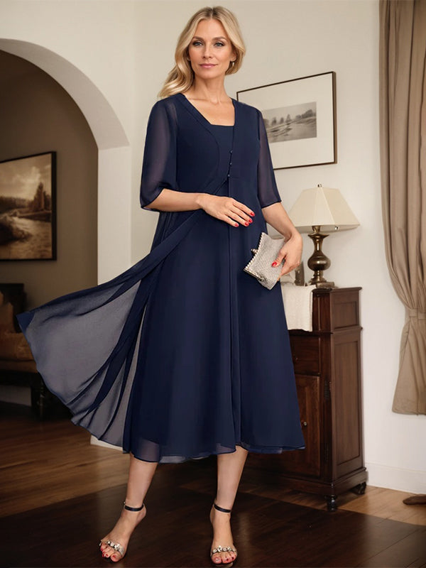 A-Linien quadratisches Tee-Länge Chiffon Mutter-der-Braut-Kleid