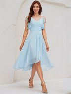 Sky Blue Chiffon A Line V Neck Sleeveless Asymmetrical Bridesmaid Dress