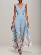 Hellblaues Blumen-Chiffon V-Ausschnitt Ärmelloses A-Linien Maxikleid