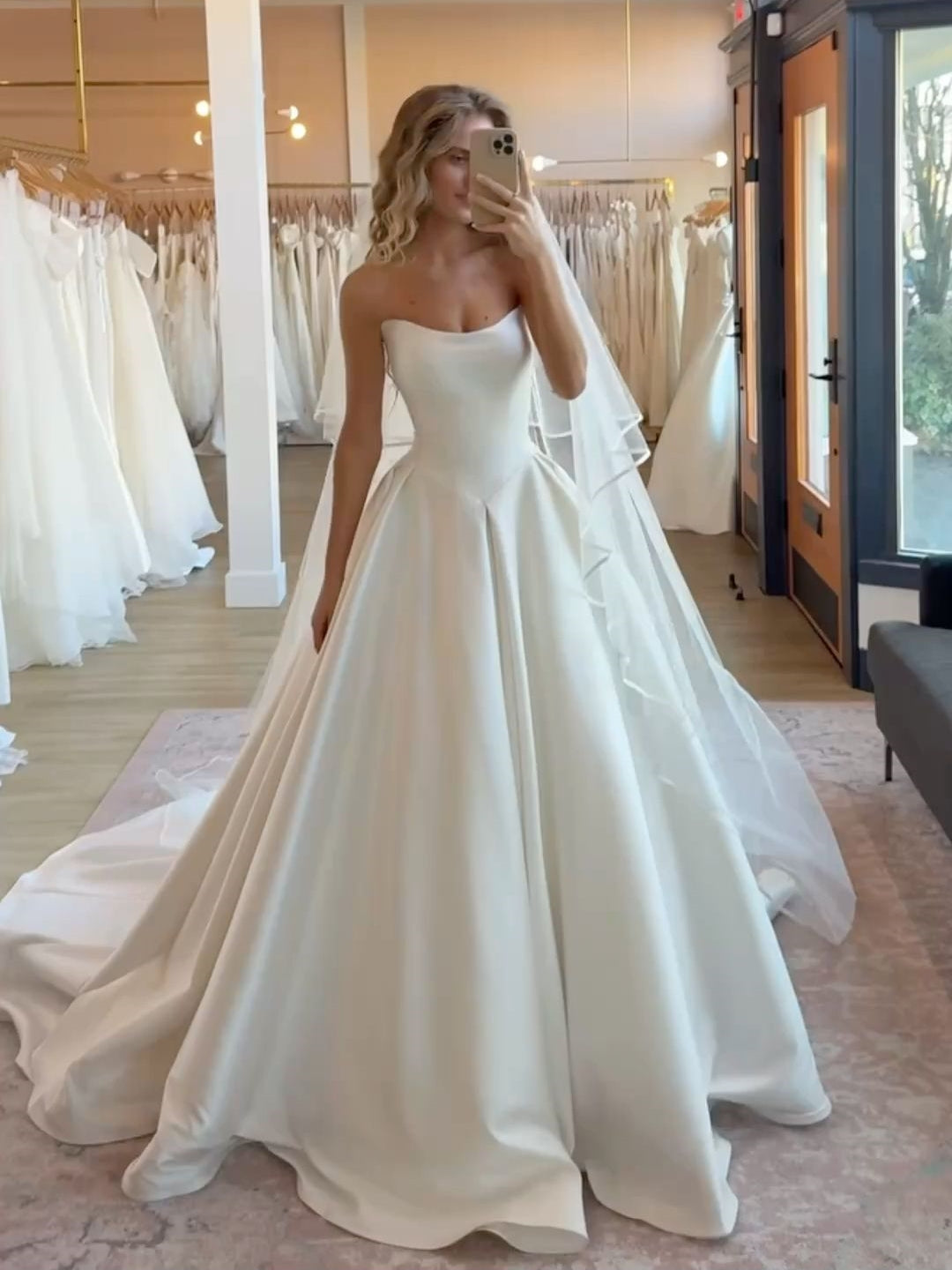 A-Line Long Train Elegant Satin Strapless Wedding Dress