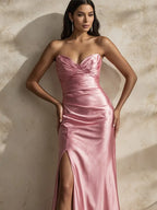 Evening Dress Pink Tube Top High Slit Long Dress