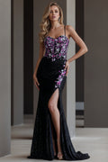 Floral Embroidered Corset Evening Gown with Glitter and High Slit