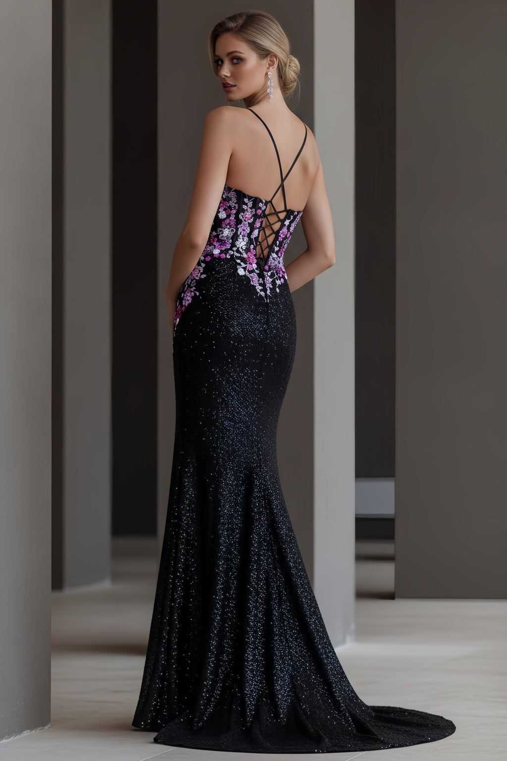 Floral Embroidered Corset Evening Gown with Glitter and High Slit