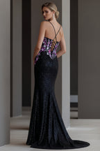 Floral Embroidered Corset Evening Gown with Glitter and High Slit