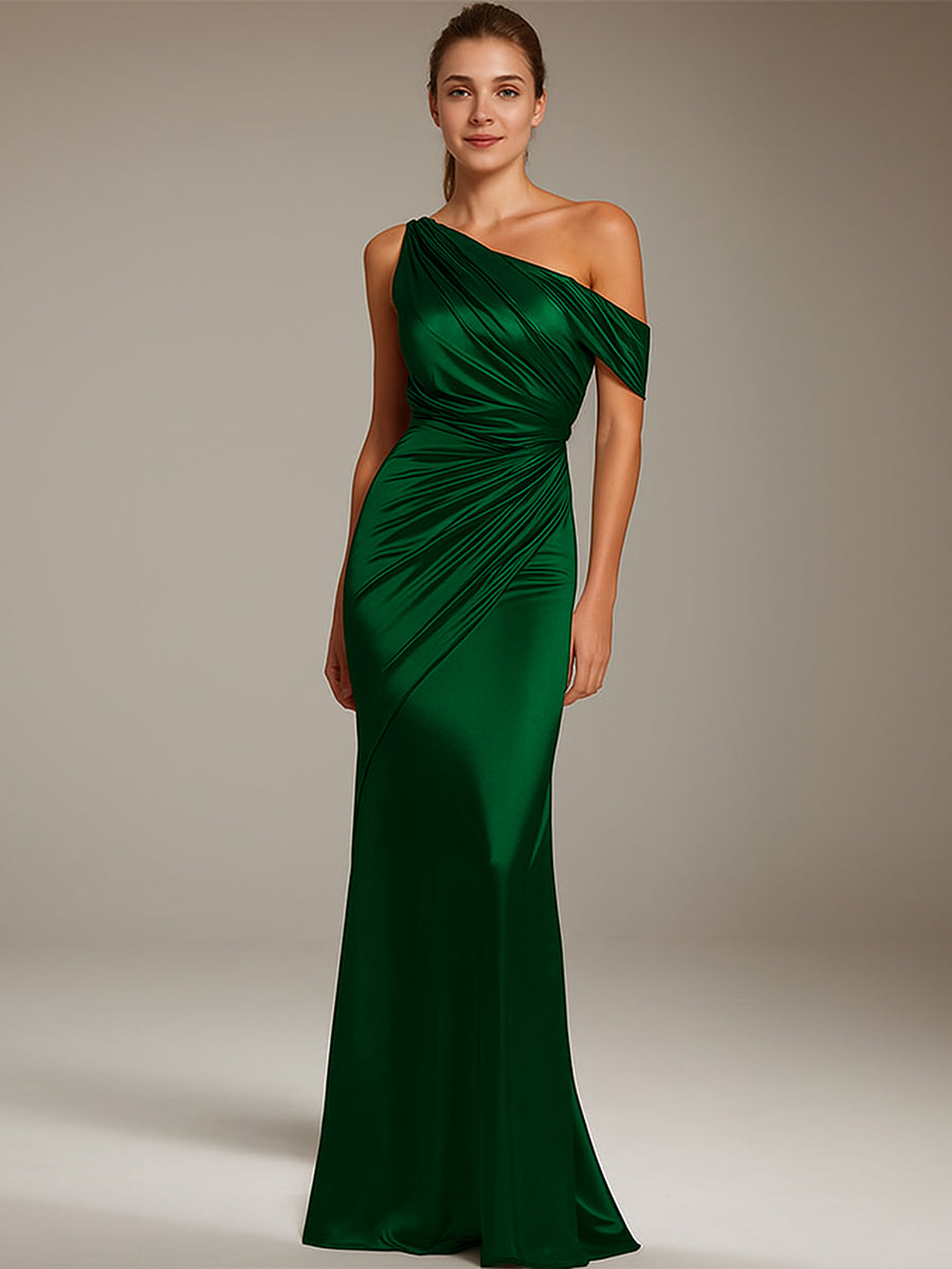 Vestido formal de fiesta de satén plateado, con un solo hombro plisado y largo hasta el suelo