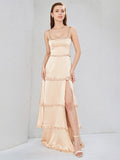 A Line Champagne Satin Spaghetti Straps Sleeveless Floor Length Dress With High Slit