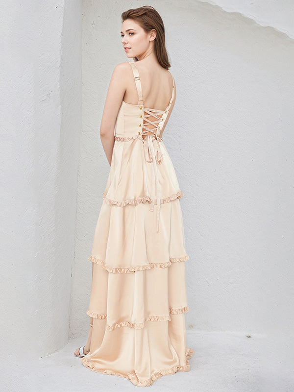 A Line Champagne Satin Spaghetti Straps Sleeveless Floor Length Dress With High Slit