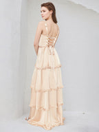 A Line Champagne Satin Spaghetti Straps Sleeveless Floor Length Dress With High Slit