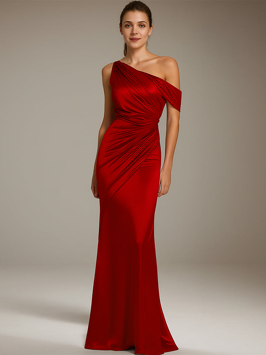 Vestido formal de fiesta de satén plateado, con un solo hombro plisado y largo hasta el suelo