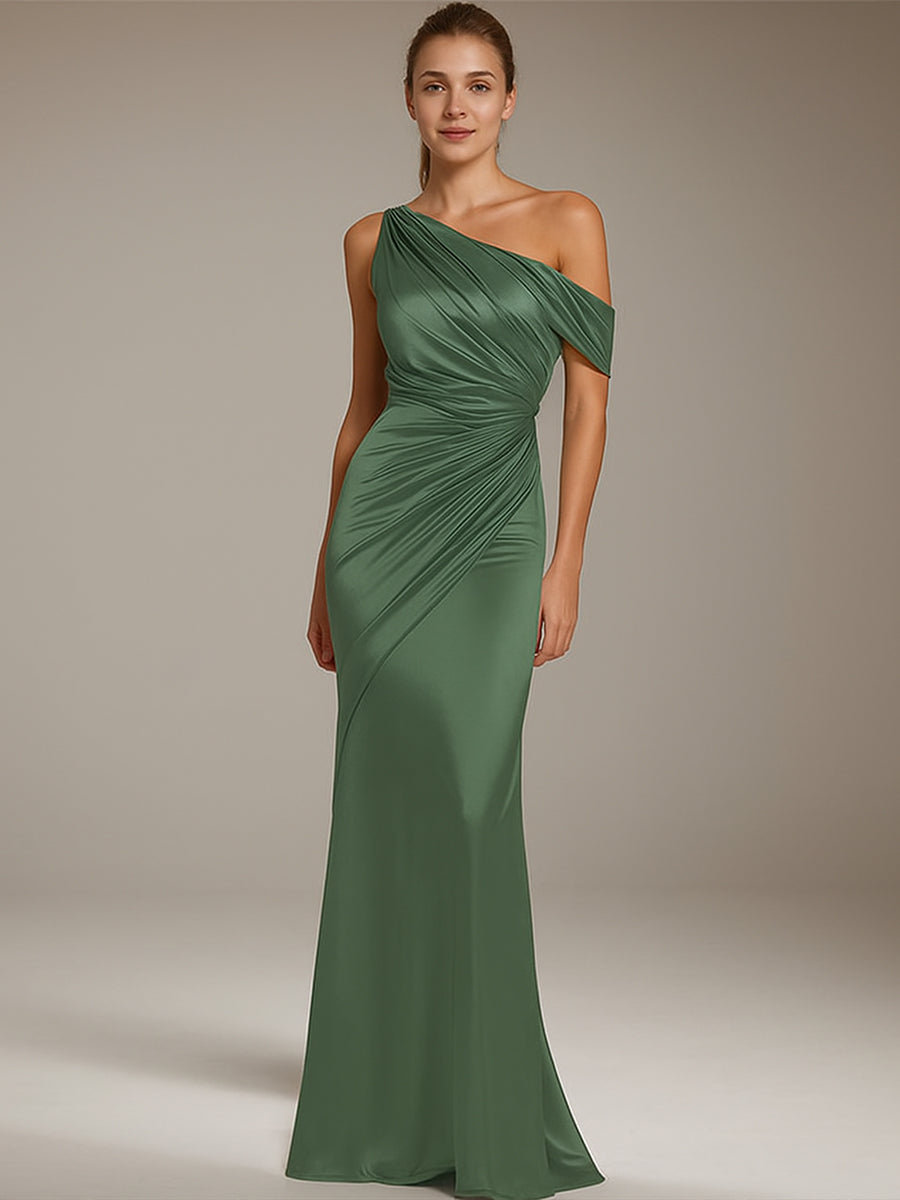Vestido formal de fiesta de satén plateado, con un solo hombro plisado y largo hasta el suelo