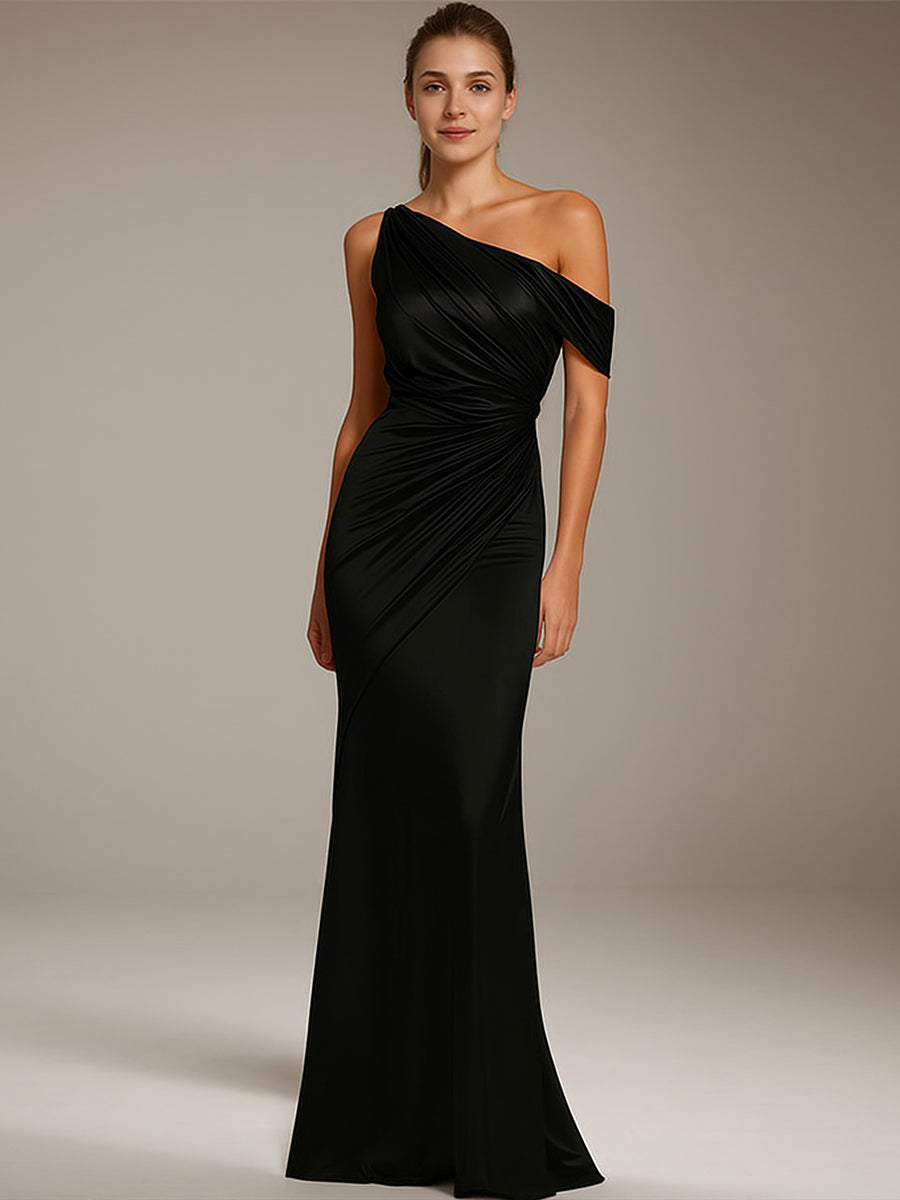 Vestido formal de fiesta de satén plateado, con un solo hombro plisado y largo hasta el suelo